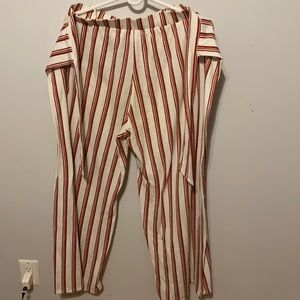 Striped belted loose bottom pants